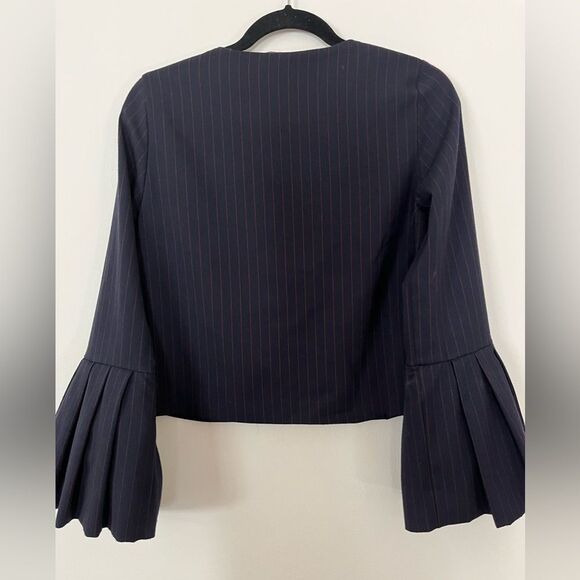 Zara dk blue/red vertical lines blouse; pleated lower sleeves,side neck button,S - Picture 7 of 9